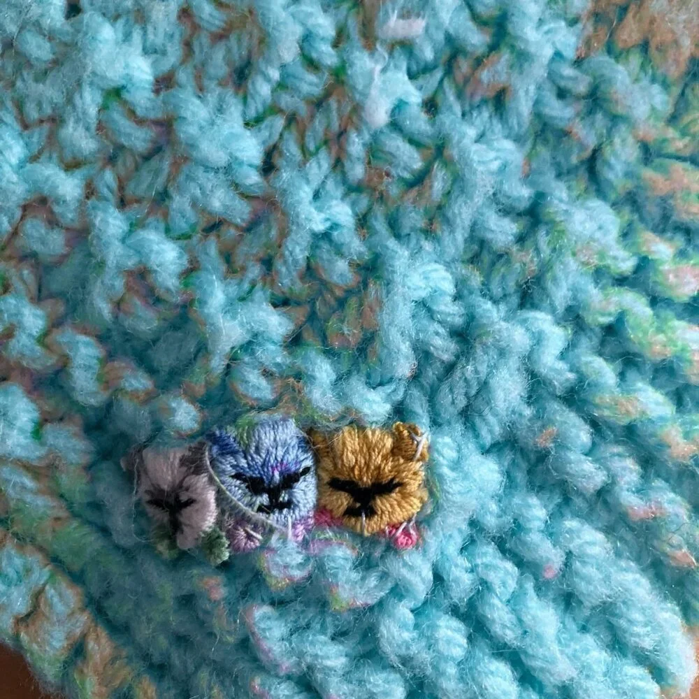 Vintage 60s Handmade Crochet Blanket & Hooded Sweater Blue Flower Embroidery NEW